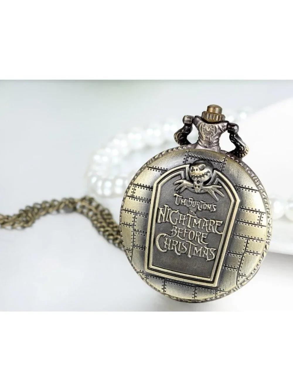 Men's Silver Quartz Vintage Novelty Skull Skeleton Christmas Round Pocket Watch